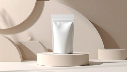 Blank white stand-up pouch packaging mockup presented on a minimalist beige podium stage, perfect for showcasing cosmetic, food, or supplement product designs in a modern studio setting