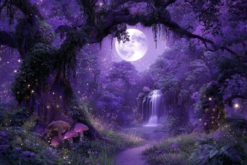 Magical Purple Forest At Moonlight