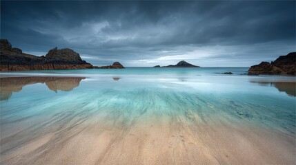 Tranquil Coastal Scene With Rocky Shore And Calm Water