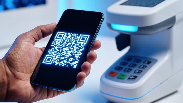 A hand holds a smartphone displaying a QR code, next to a white device with a keypad and screen
