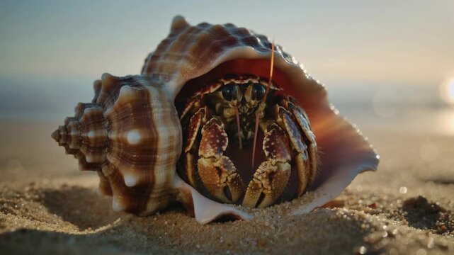 Hermit crab emerging from shell on sandy beach at sunset  