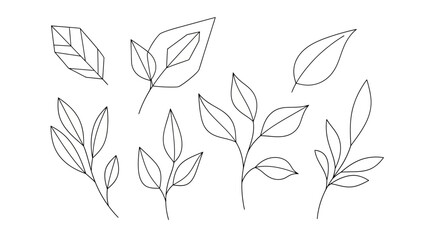 Fototapeta premium Minimalist line art illustrations of various leaves and small branches on a white background, suitable for graphic design elements.