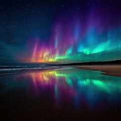 Colorful Aurora Reflecting On Beach At Night