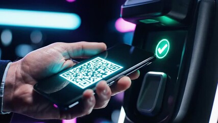 A close-up of a person's hand holding a smartphone with a QR code on the screen near a payment terminal with a green checkmark - Powered by Adobe