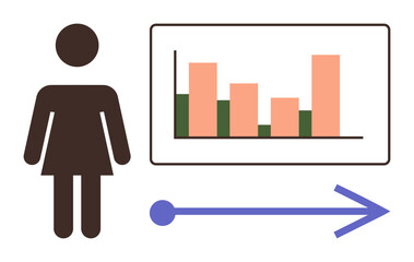 Obraz premium Woman silhouette next to bar chart and forward arrow highlighting analysis, growth, decisions, direction, metrics, workflow, and communication. Ideal for business, data education teamwork