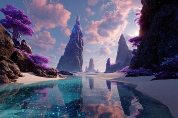 Pixelated Fantasy Landscape With Glowing Crystals