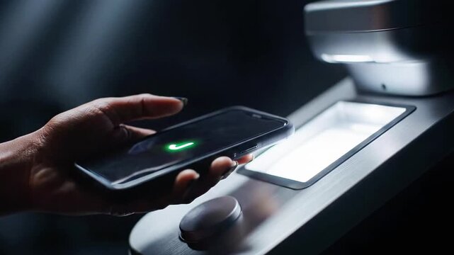 A person's hand holding a smartphone with a green screen next to a red-lit scanning device on a white surface