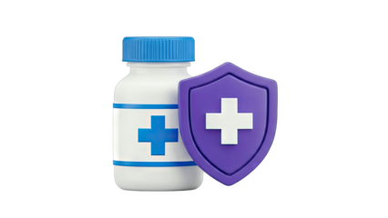Medical Bottle and Shield with Cross Symbol on White Background