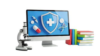 Medical Technology: Computer, Microscope, and Books Concept