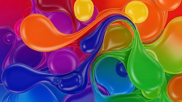 A playful 3D abstract composition of glossy, vibrant liquid droplets in a rainbow of colors. The smooth, bulbous shapes flow together with a high-shine, candy-like finish.