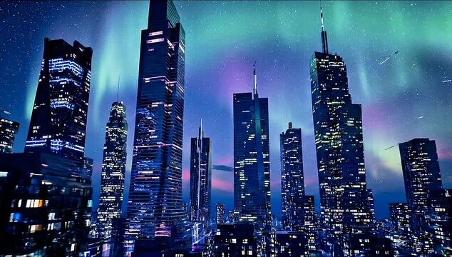 Futuristic city skyline with aurora borealis in surreal night motion scene. Seamless looping time-lapse animation video background
