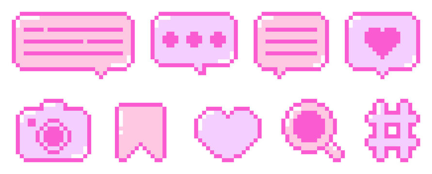 8-bit pixel art social media pink icon set
