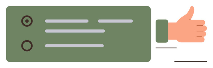 Fototapeta premium Checklist with two items, horizontal thumb-up hand gesture emphasizing approval. Ideal for decision-making, success, agreement, feedback, evaluation, tasks motivation. Clean simple flat metaphor