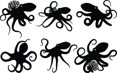 Octopus Silhouette Vector Set, Black and White Marine Life Illustrations, Tentacle Motion, Underwater Creature, Ocean Wildlife, Sea Animal Icons © Gita