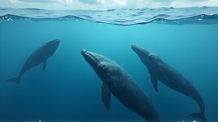Fototapeta premium there are three big Baleen whales in the sea