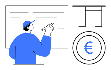 Education, financial planning, workspace design, currency concepts, project management, creative thinking. Person writing on a whiteboard, euro coin symbol minimal table. Education and financial