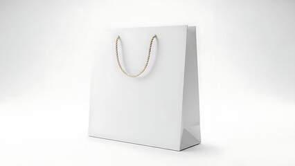 Minimalist White Paper Shopping Bag with Rope Handle on White Background.