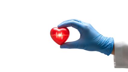 Doctor’s gloved hand holding glowing red heart symbolizing healthcare, compassion, medical care, love, and life protection.

