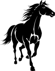 Dynamic silhouette of a galloping horse in mid-air against a clean white background from a side viewpoint
