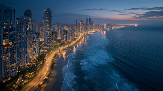 Coastal City at Dusk: An aerial perspective captures the vibrant cityscape illuminated against the fading twilight sky, with the gentle lapping of waves along the shore.  - Powered by Adobe