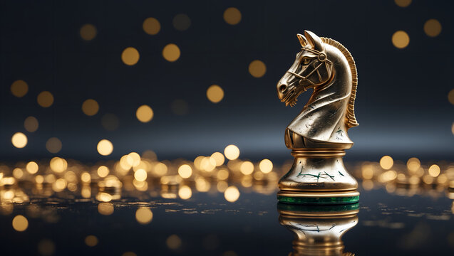Ornate golden Knight chess piece on reflective dark background, strategic business move concept