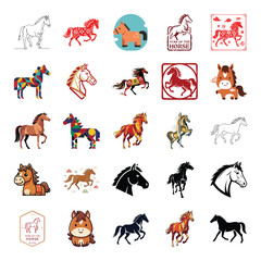 A diverse collection of horse icons in various styles and colors, showcasing different breeds and artistic interpretations, presented in a grid layout on a white background.