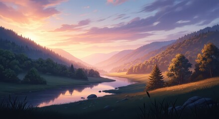 Fototapeta premium Serene river flows through rolling hills bathed in warm twilight illumination