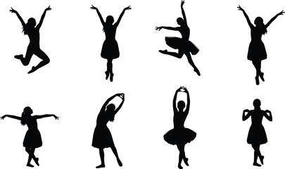 Female ballet dancer silhouette vector set, elegant women performing various classic dance jumps and poses, graceful lady in tutu icons, performance graphics, isolated.
