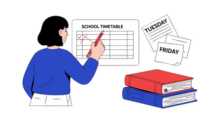 Student Planning School Timetable with Books and Notes
