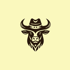 Stylized bull head wearing cowboy hat emblem in monochrome vector style