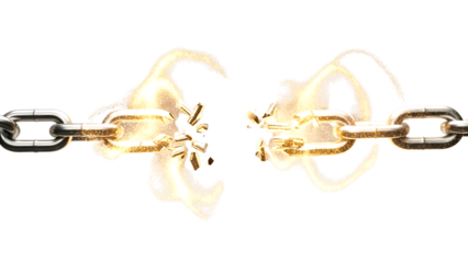 Breaking metal chain with sparks symbolizing freedom, strength, liberation, resistance, independence, and breaking limitations or barriers.

