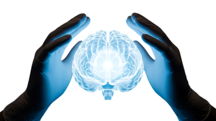 Gloved hands surrounding glowing digital brain representing artificial intelligence, neuroscience, innovation, technology, and cognitive research concepts.


