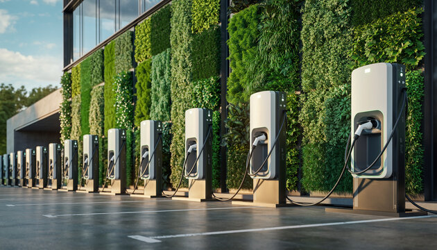 Corporate Office Parking with Row of EV Charging Stations