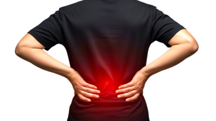Person holding lower back in pain showing spinal discomfort, injury, muscle strain, or chronic backache symptoms.

