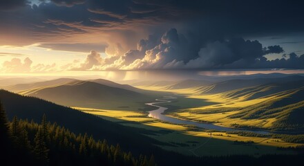 Obraz premium Dramatic sunset illumination highlights a winding river flowing through rolling green valleys under heavy storm clouds