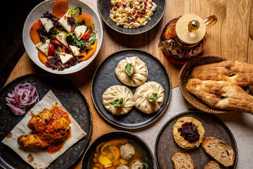 Top View Georgian Restaurant Table With Khinkali