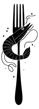 Shrimp on fork illustration black and white line art