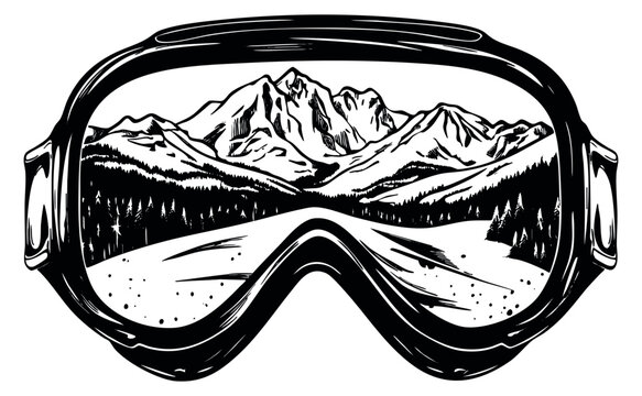 Mountain landscape reflected in ski goggles black and white line art