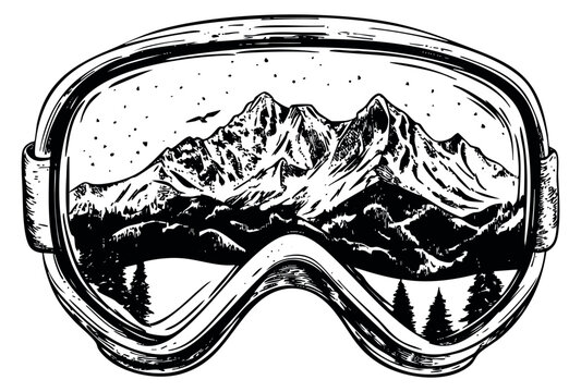 Mountain landscape in ski goggles black and white sketch vector illustration