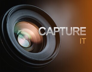Digital Camera Lens. Black Friday. A macro shot photography gear sales with the text CAPTURE IT in a precise technical font. clear and focused with a deep black and golden lens flare scheme.
