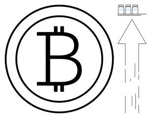 Obraz premium Financial growth, cryptocurrency trends, digital economy, market analysis, innovation, investment strategies. Bitcoin symbol next to upward arrow and jars. Financial growth and cryptocurrency trends