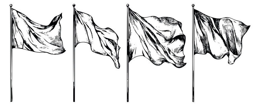 Vintage flag icon set with waving flags hand drawn sketch vector illustration