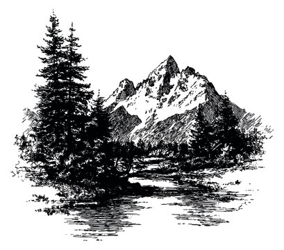 Vintage mountain landscape with pine trees and river hand drawn sketch vector illustration
