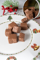 Closeup of small Brazilian honey cakes on a plate with Christmas decorations_vertical.