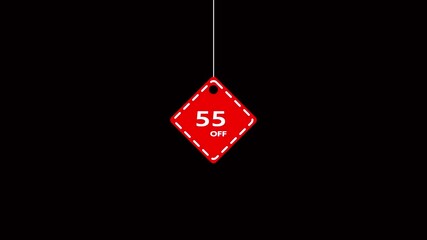 Red diamond shaped tag with 55 percent off text hanging by a white string on a black background sale