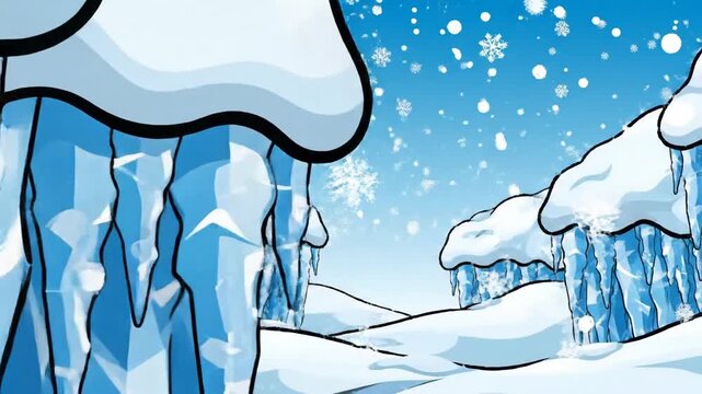 Cartoon ice wall and snowy landscape