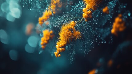 Close-up view of vibrant yellow blossoms covered in raindrops.