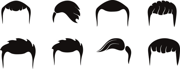 Vector Men Hairstyle and Facial Hair Set. Black Silhouette Haircut and Beard Styles for Male Characters. Isolated Cartoon Barber Icons for Grooming, Barbershop, and Hipster Fashion Design.