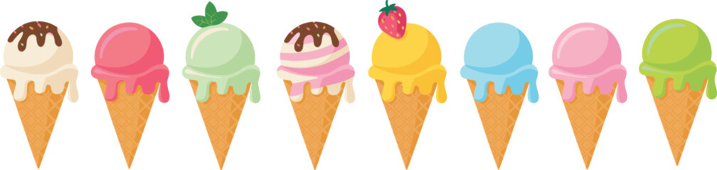 Ice Cream Cones Vector Set. Sweet Summer Dessert with Colorful Scoops, Toppings, and Waffles for Menu and Party Graphics.