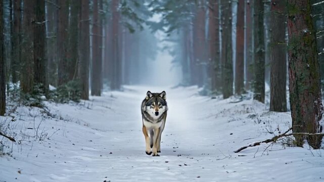 Majestic Gray Wolf Walking Towards the Camera on a Snow-Covered Forest Path with Misty Winter Trees in the Background